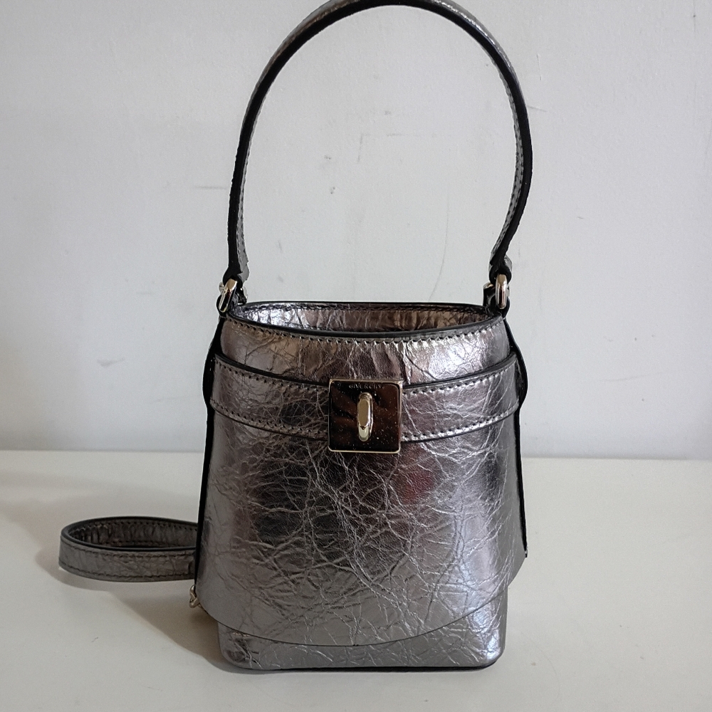 GIVENCHY Metallic Laminated Lambskin Micro Shark Lock Bucket Bag Silvery $709